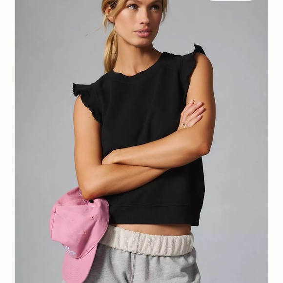 Anthropologie T.La Ruffle Sleeve Terry Top Black Cotton Women’s Size Large - Picture 1 of 8